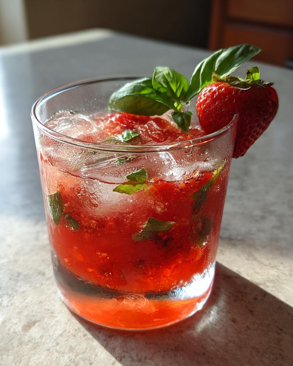 A close-up of a vibrant strawberry basil smash cocktail filled with crushed ice, muddled strawberries, and basil leaves.