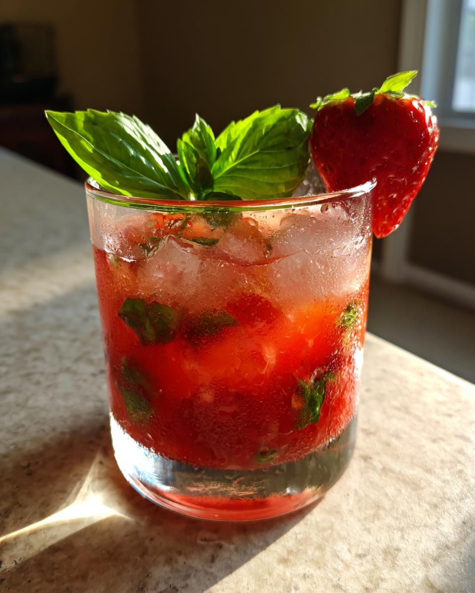 A close-up of a vibrant strawberry basil smash cocktail filled with ice, garnished with fresh basil leaves and a whole strawberry.