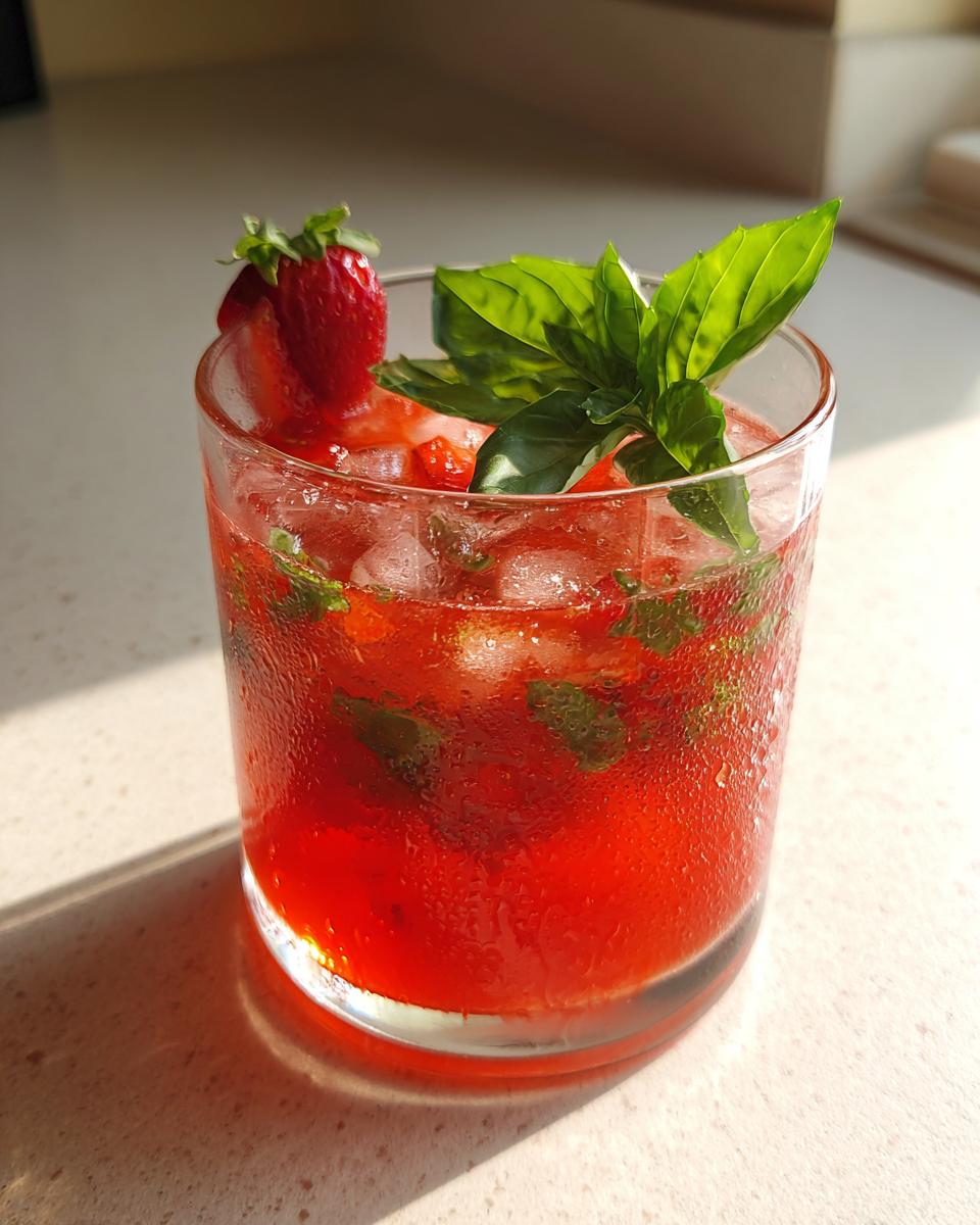 A condensation-covered glass holding a vibrant red strawberry basil smash cocktail, garnished with a fresh strawberry and basil leaves.