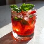 A vibrant red strawberry basil smash cocktail filled with ice, muddled strawberries, and garnished with fresh basil leaves.
