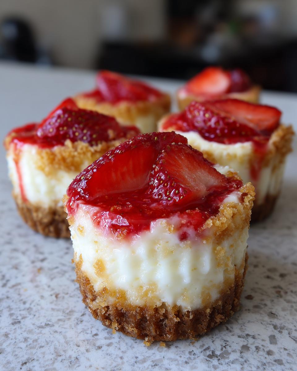 Close-up of several individual strawberry cheesecake cupcakes featuring a graham cracker crust and a glossy strawberry topping.