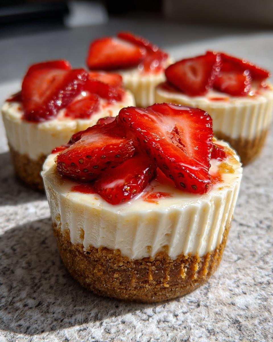 Close-up of individual strawberry cheesecake cupcakes showing a thick graham cracker crust and creamy filling topped with sliced strawberries.