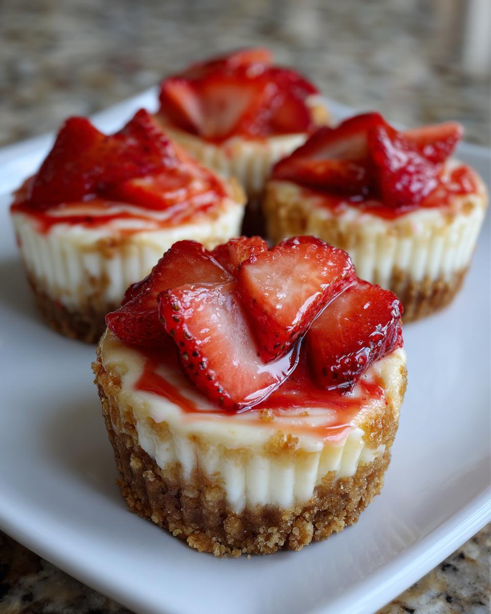 Four individual strawberry cheesecake cupcakes with graham cracker crusts and fresh strawberry topping.