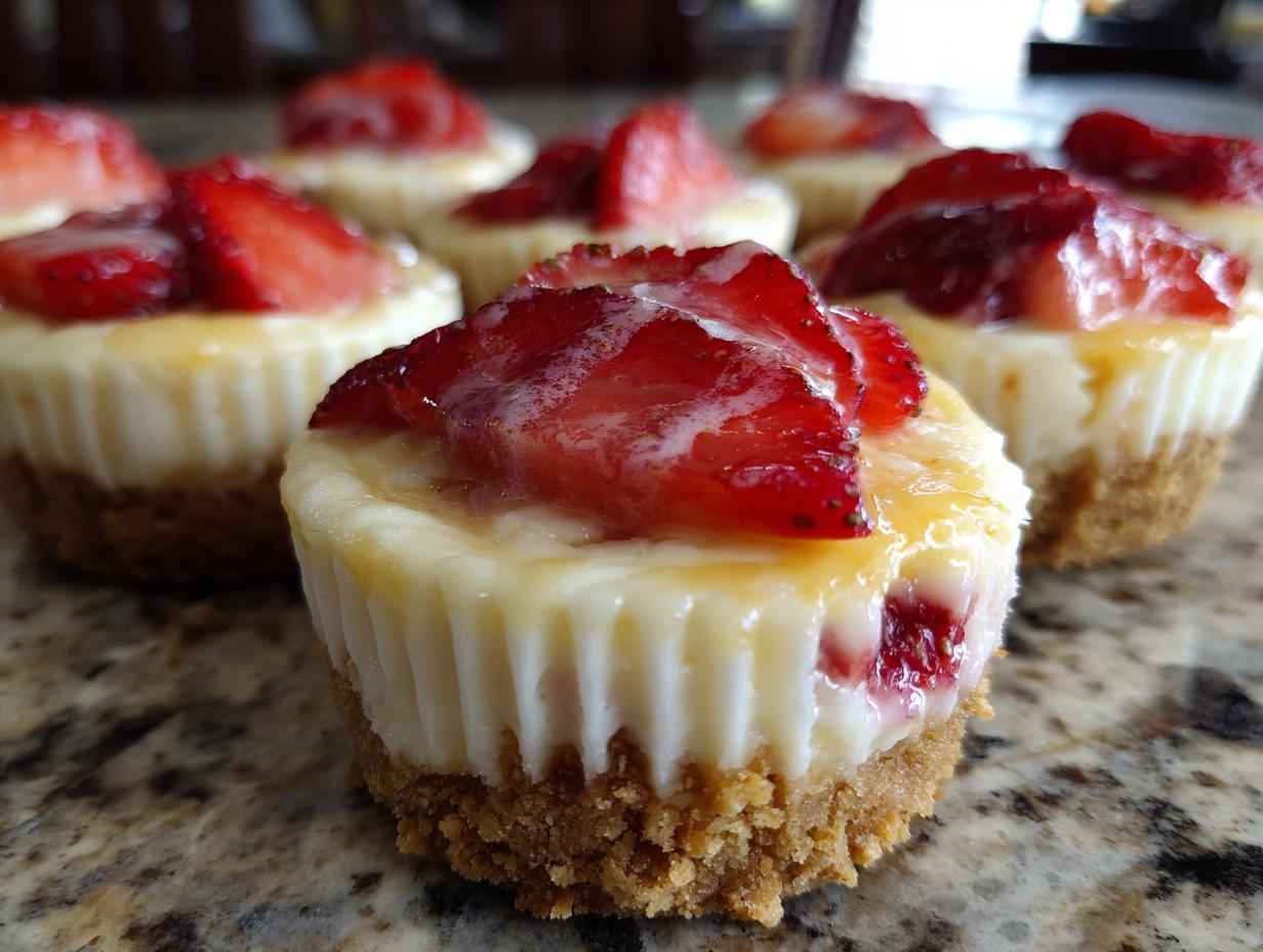 A close-up shot of several strawberry cheesecake cupcakes with graham cracker crusts and fresh strawberry topping.