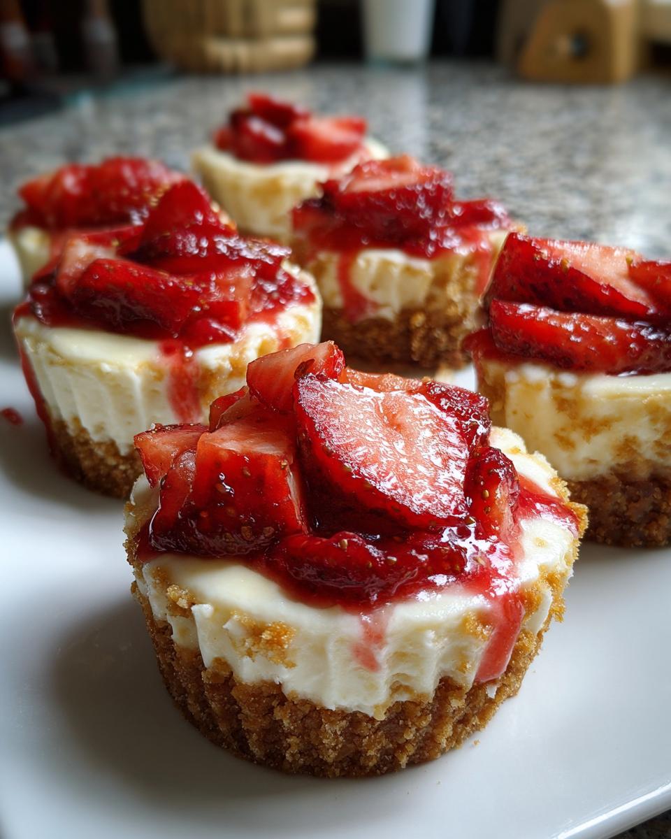 Several individual strawberry cheesecake cupcakes topped with fresh strawberry slices and sauce, featuring a thick graham cracker crust.
