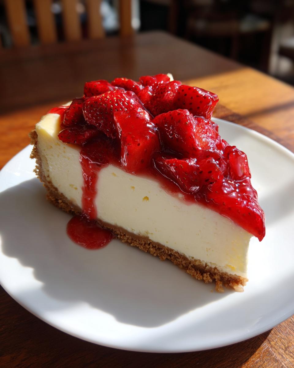 A close-up of a perfect slice of creamy strawberry cheesecake on a white plate, glistening with strawberry topping.