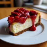 A decadent slice of creamy strawberry cheesecake sits on a white plate, dripping with strawberry glaze.