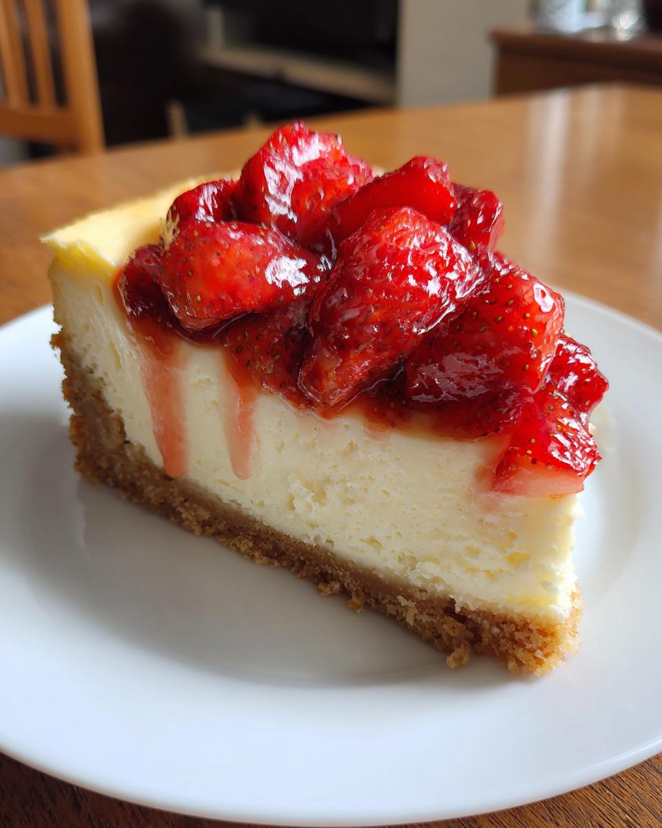 A close-up of a creamy slice of strawberry cheesecake on a white plate, featuring a thick graham cracker crust and glossy strawberry topping.
