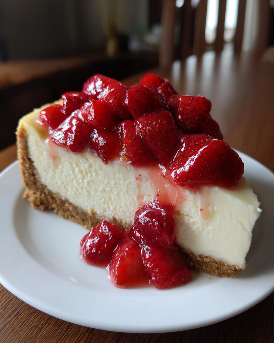 A perfect slice of creamy strawberry cheesecake with a thick graham cracker crust and generous strawberry topping.