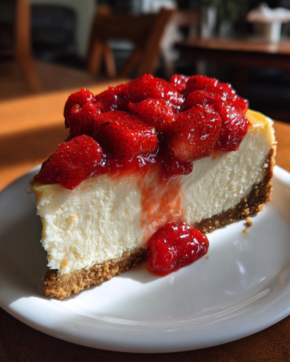 A close-up of a creamy slice of strawberry cheesecake on a white plate, topped generously with glazed strawberries.