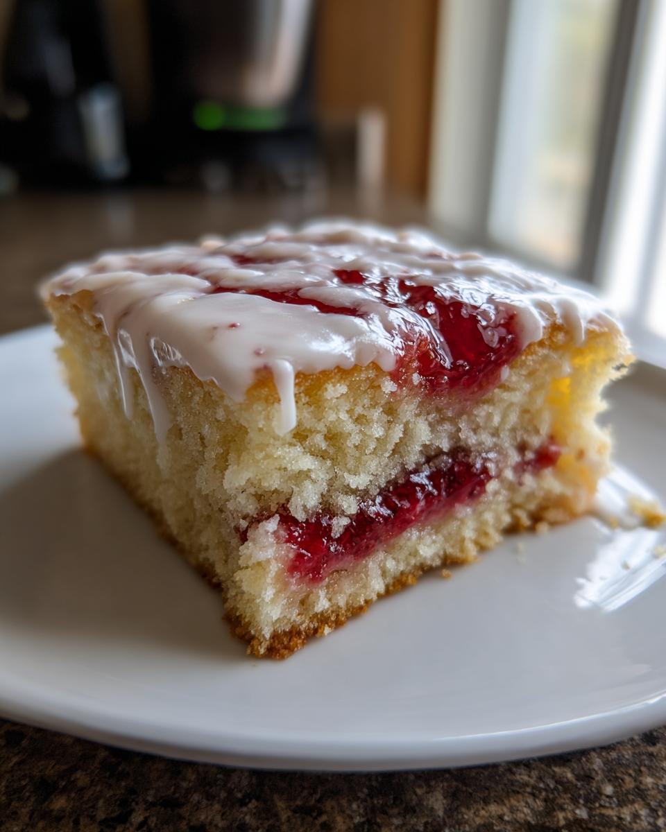 Close-up of a moist slice of strawberry poptart sheet cake with a layer of bright red filling and white icing drizzle.