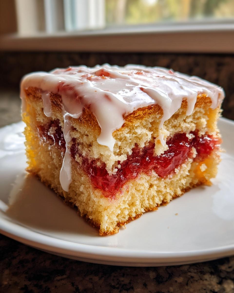 Close-up of a moist slice of strawberry poptart sheet cake with a thick layer of strawberry filling and white glaze.