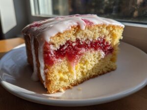Close-up of a slice of strawberry poptart sheet cake showing yellow cake layers, bright red strawberry filling, and dripping white icing.