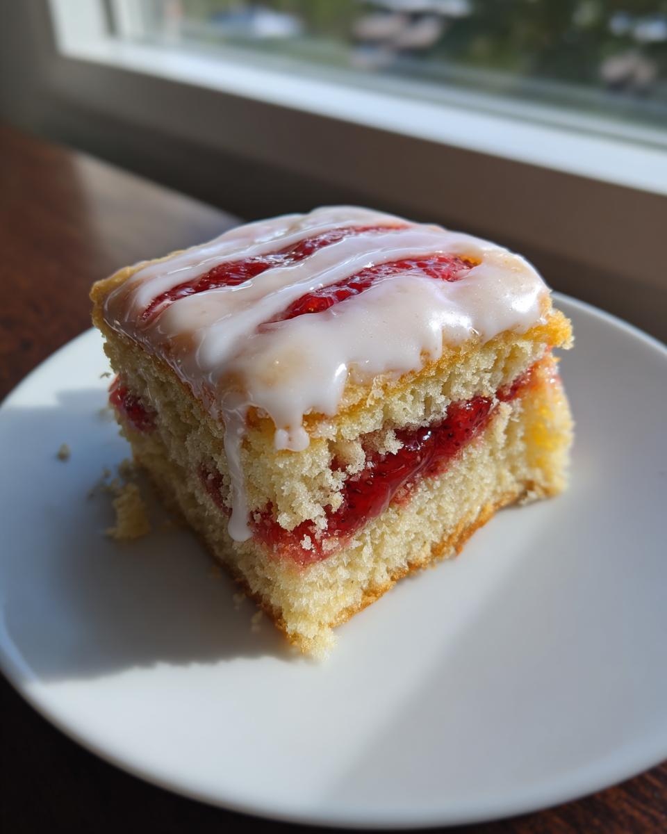 A square slice of strawberry poptart sheet cake with visible strawberry filling and white icing drizzle.