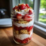 Close-up of layered strawberry shortcake parfaits in a mason jar, featuring strawberries, cream, and crumble topping.