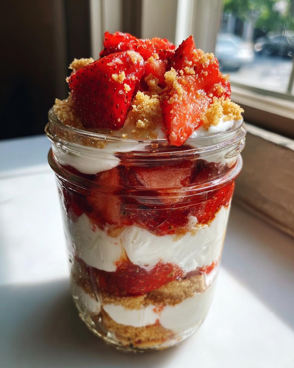 Close-up of layered strawberry shortcake parfaits in a mason jar, featuring cream, macerated strawberries, and shortcake crumbs.