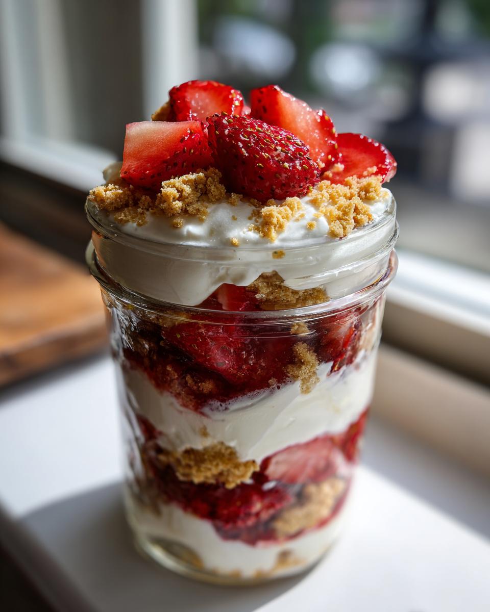 Close-up of layered strawberry shortcake parfaits in a mason jar, topped with fresh strawberries and crumbs.
