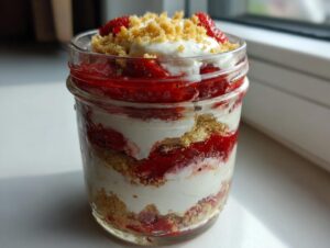 Close-up of layered strawberry shortcake parfaits in a glass jar with cream, strawberries, and graham cracker crumbs.