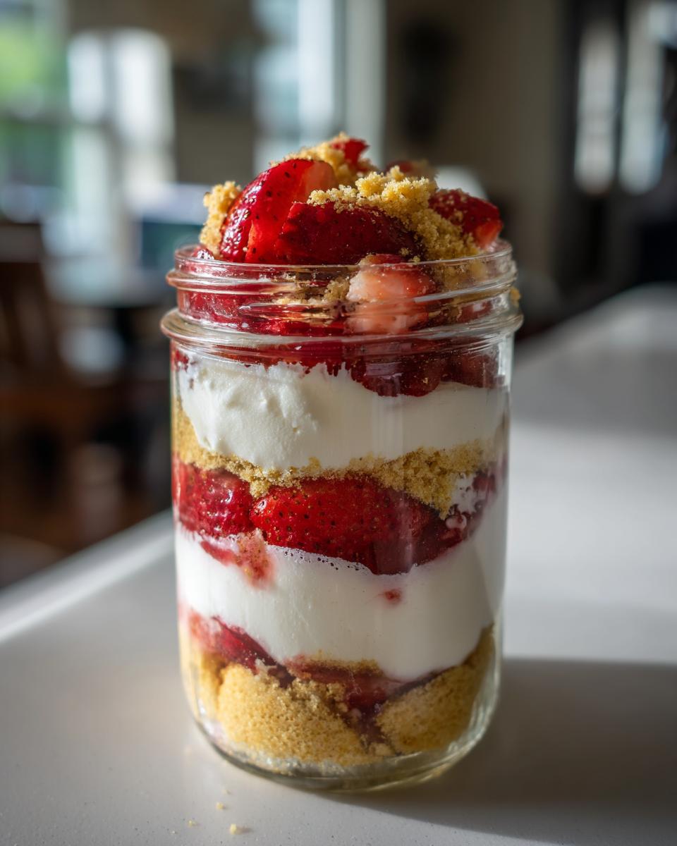 A layered strawberry shortcake parfaits dessert served in a clear glass jar, featuring whipped cream, macerated strawberries, and cake crumbs.