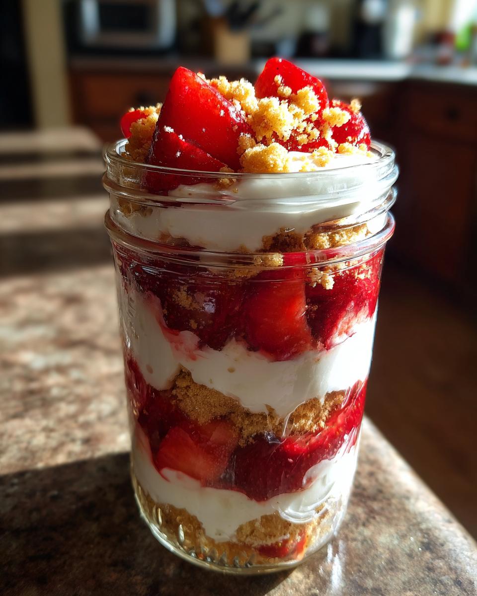 Close-up of delicious strawberry shortcake parfaits layered with cream, macerated strawberries, and graham cracker crumbs in a mason jar.