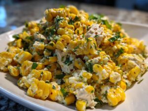 Close-up of street corn creamy cucumber chicken salad featuring corn kernels, chicken pieces, and herbs in a creamy dressing.