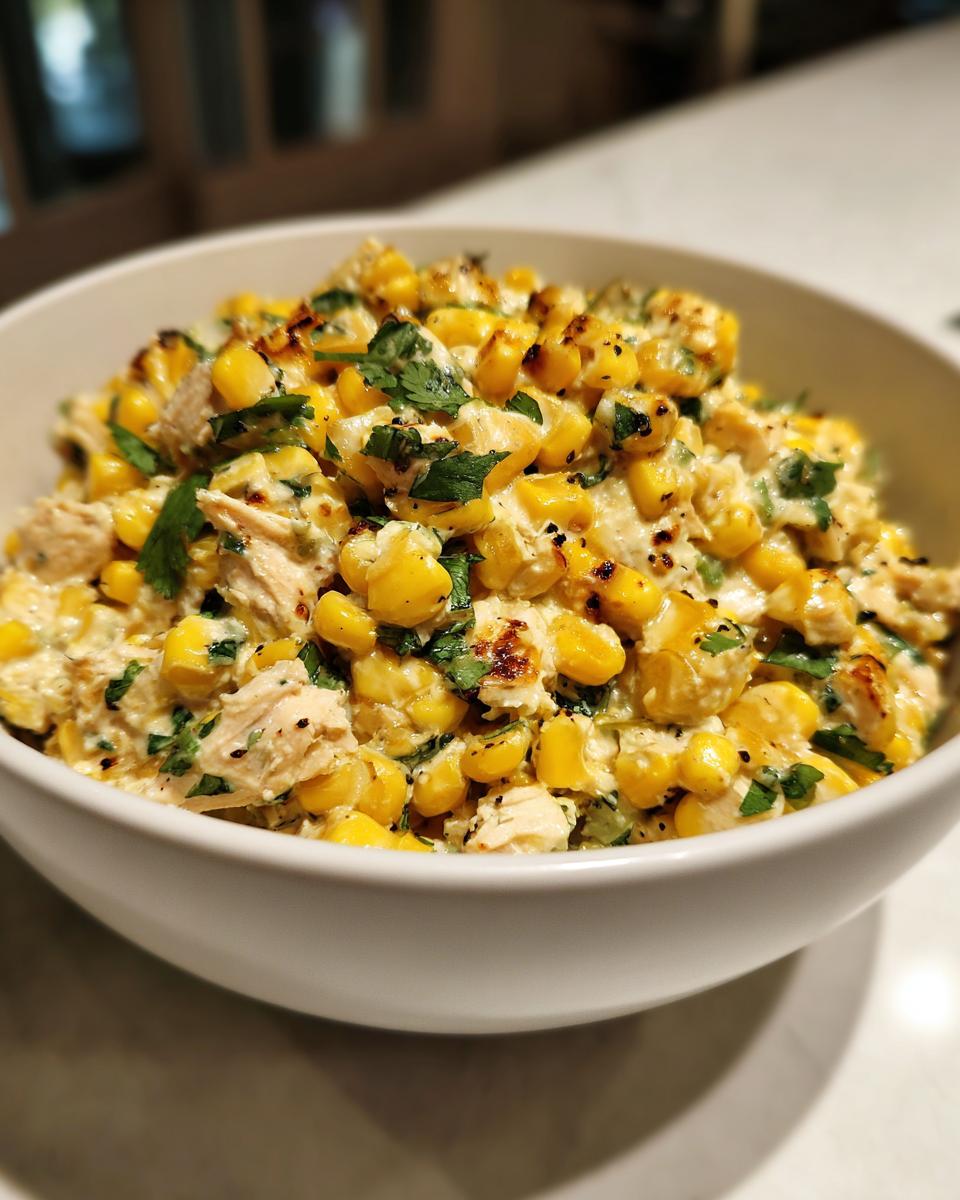 Close-up of street corn creamy cucumber chicken salad featuring charred corn, chicken chunks, and cilantro in a white bowl.