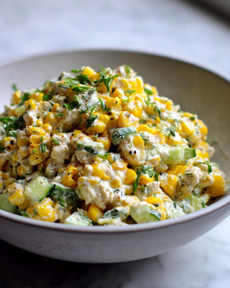 A close-up of a bowl filled with street corn creamy cucumber chicken salad, featuring corn, cucumber chunks, and creamy dressing.