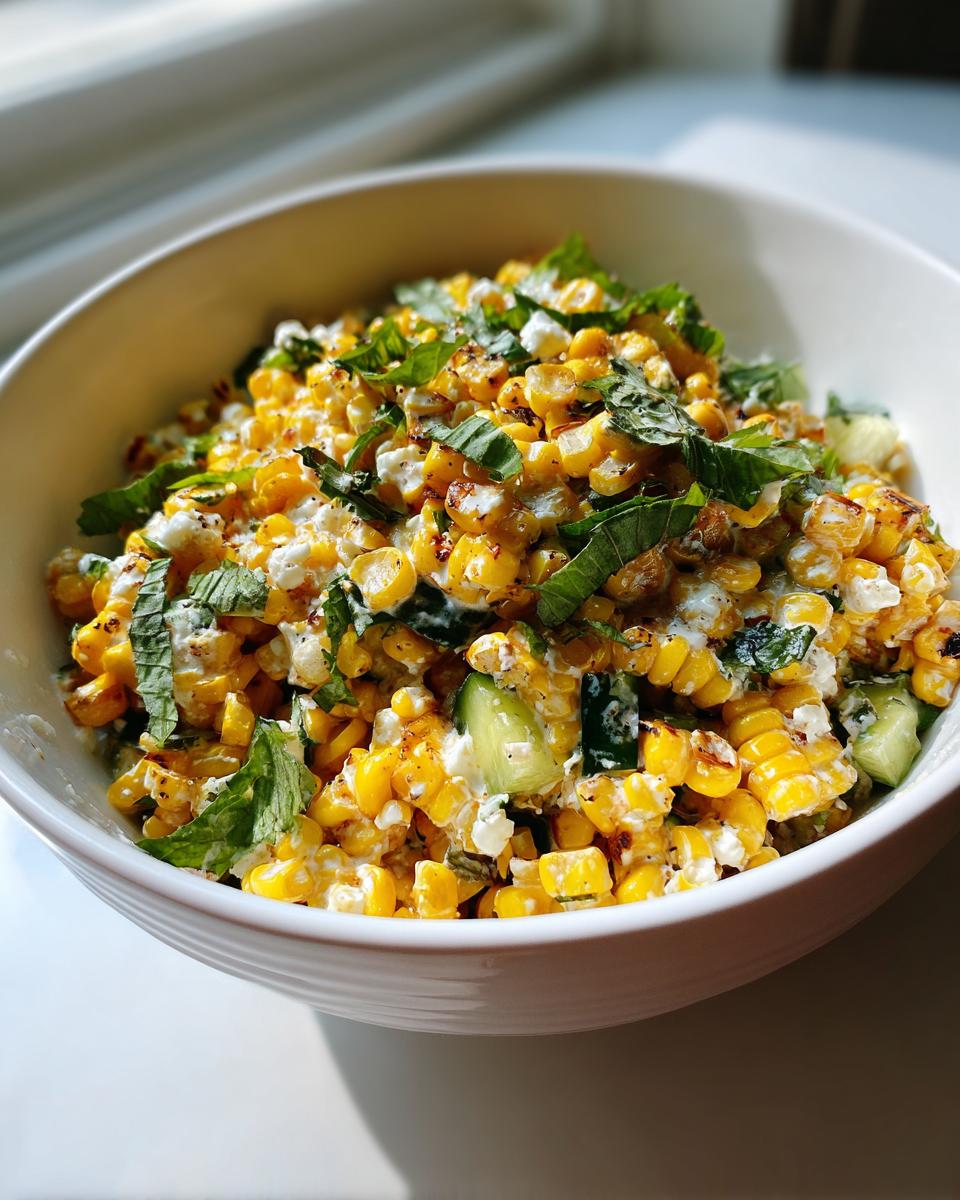 Close-up of street corn creamy cucumber chicken salad mixed with white cheese and topped with fresh green herbs in a white bowl.