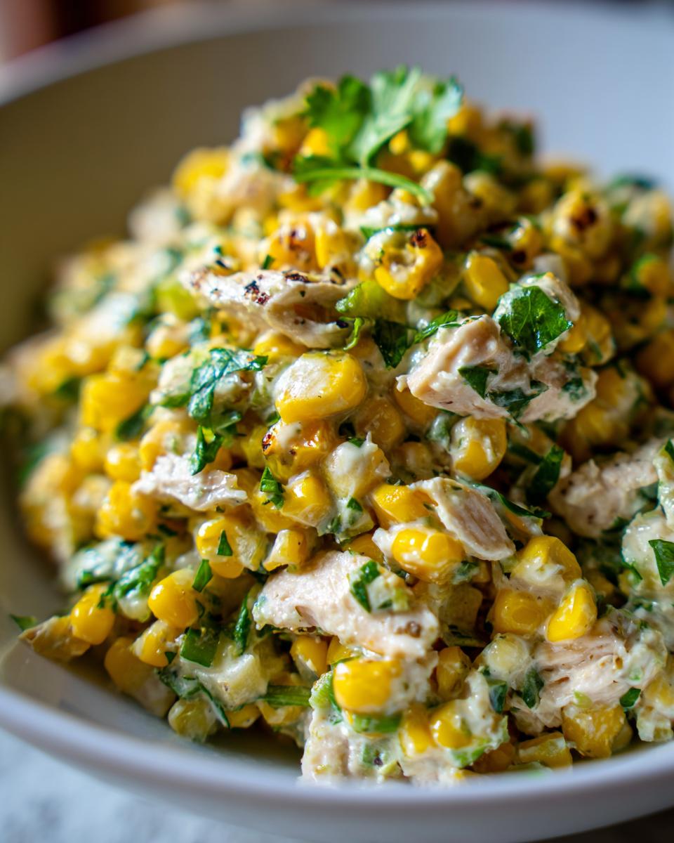 Close-up of street corn creamy cucumber chicken salad featuring charred corn, shredded chicken, and fresh cilantro in a creamy dressing.