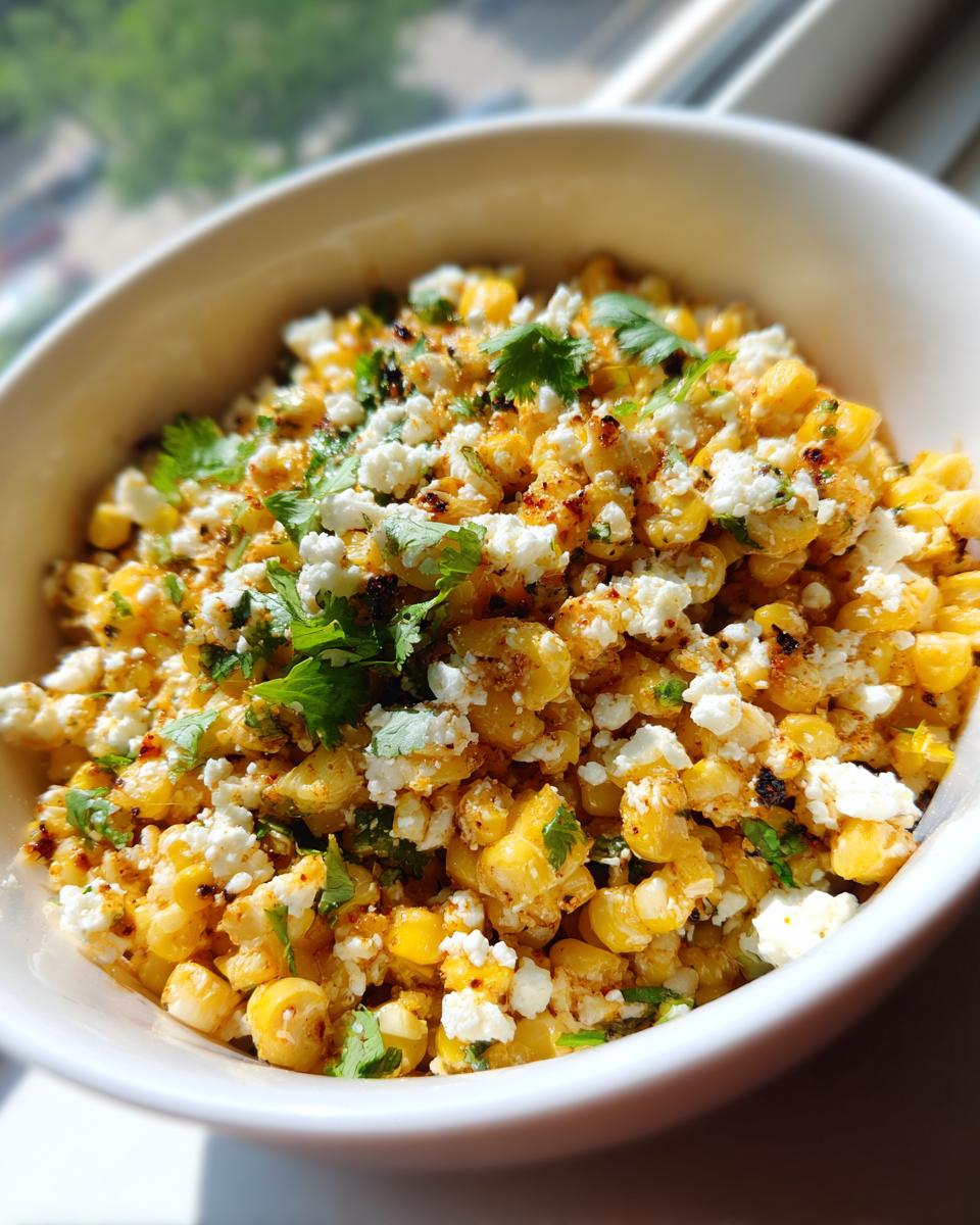 Close-up of vibrant street corn salad featuring charred corn kernels, crumbled white cheese, and fresh cilantro in a white bowl.