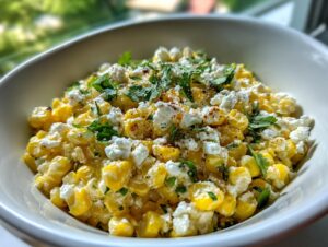 A close-up view of a vibrant street corn salad featuring yellow corn kernels mixed with white cheese and topped with fresh cilantro.
