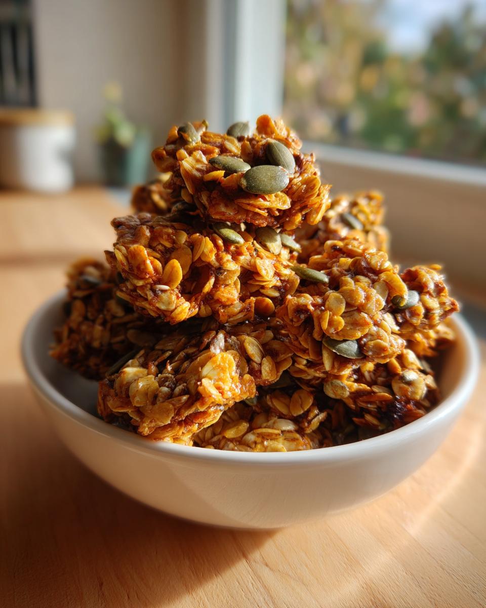 A close-up of golden, sticky super seed granola clusters topped with pumpkin seeds, served in a white bowl.
