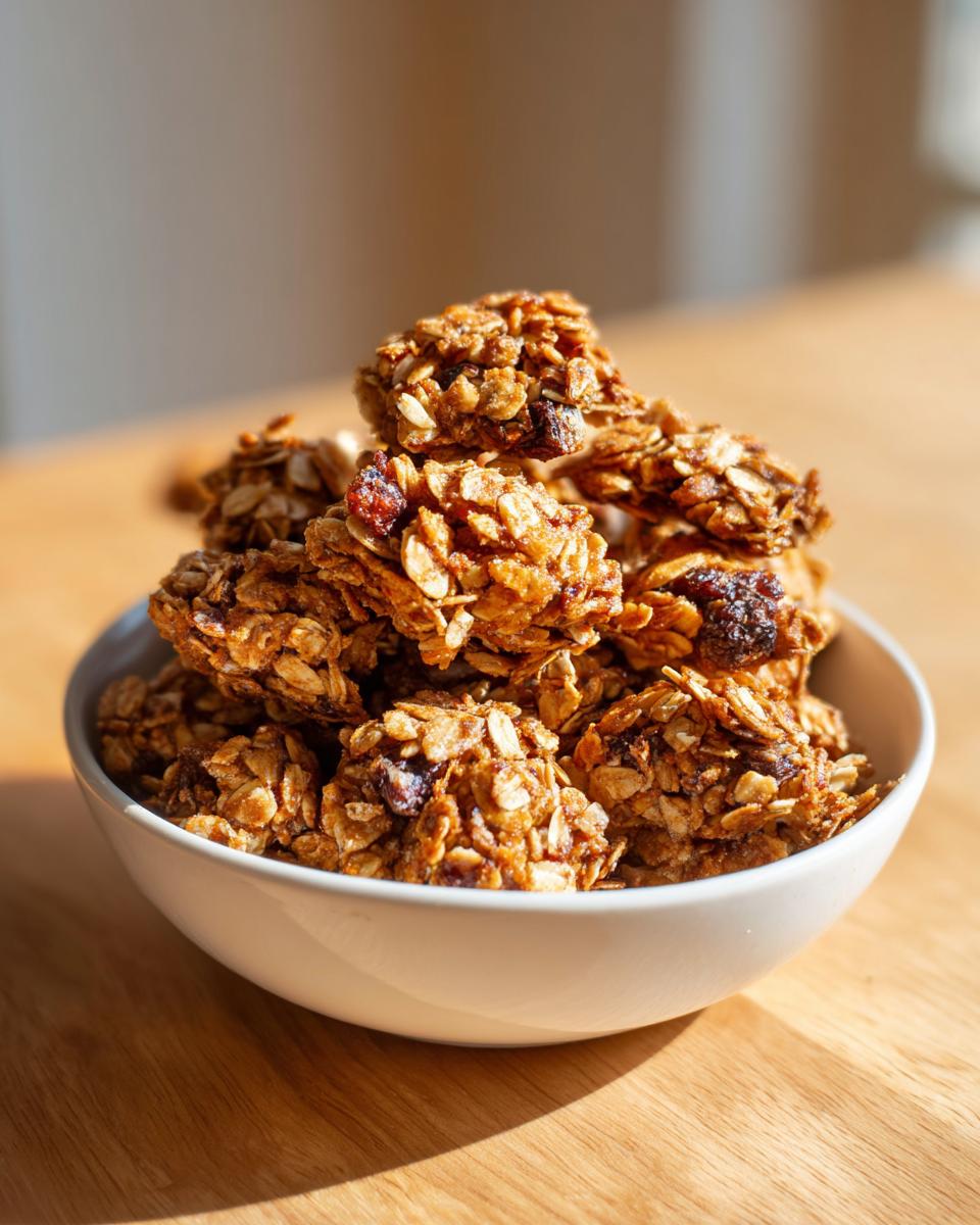 A white bowl filled with golden brown super seed granola clusters, featuring oats and dried fruit, sitting on a wooden table.