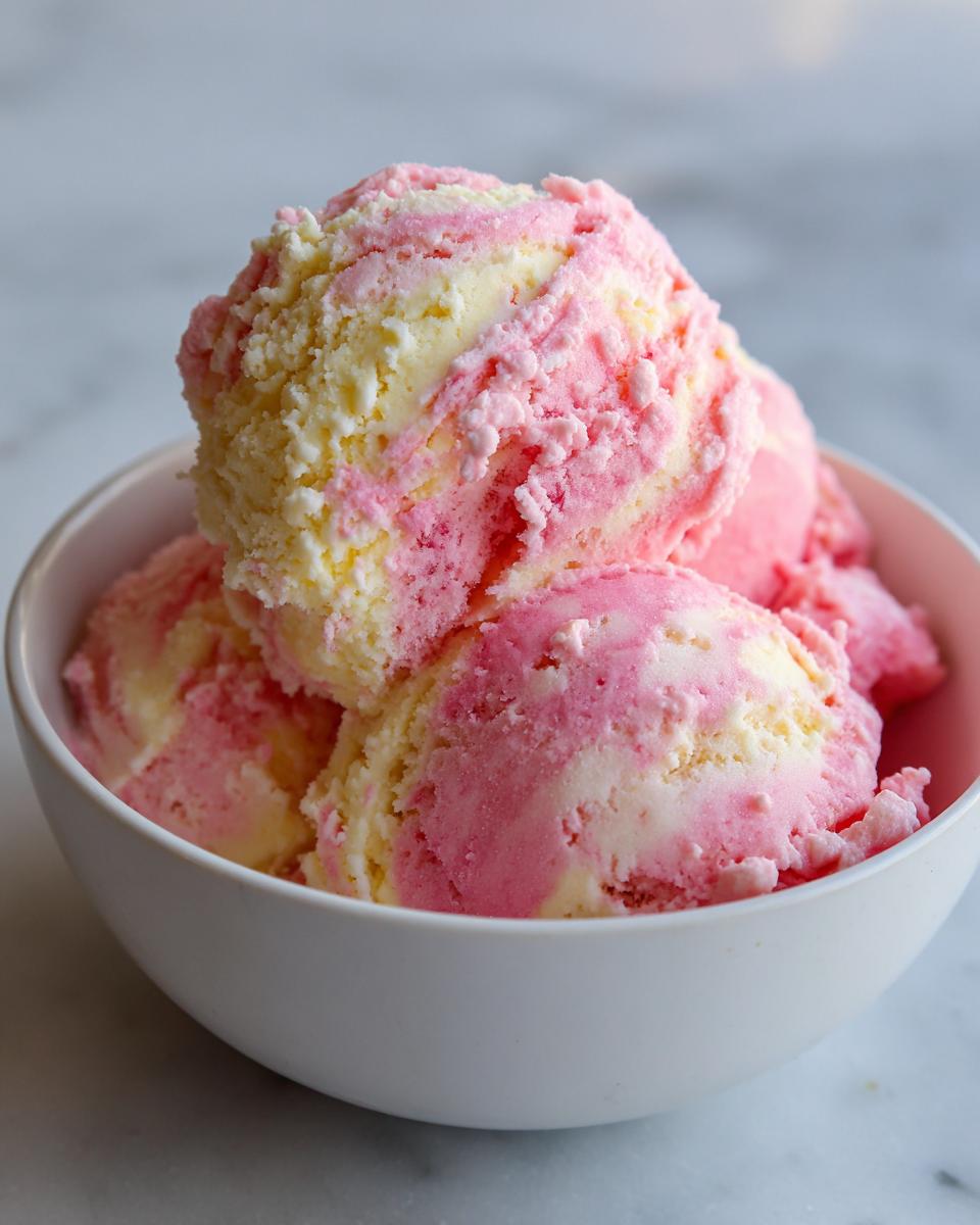 Close-up of several scoops of swirled pink and yellow summer sherbet in a white bowl.