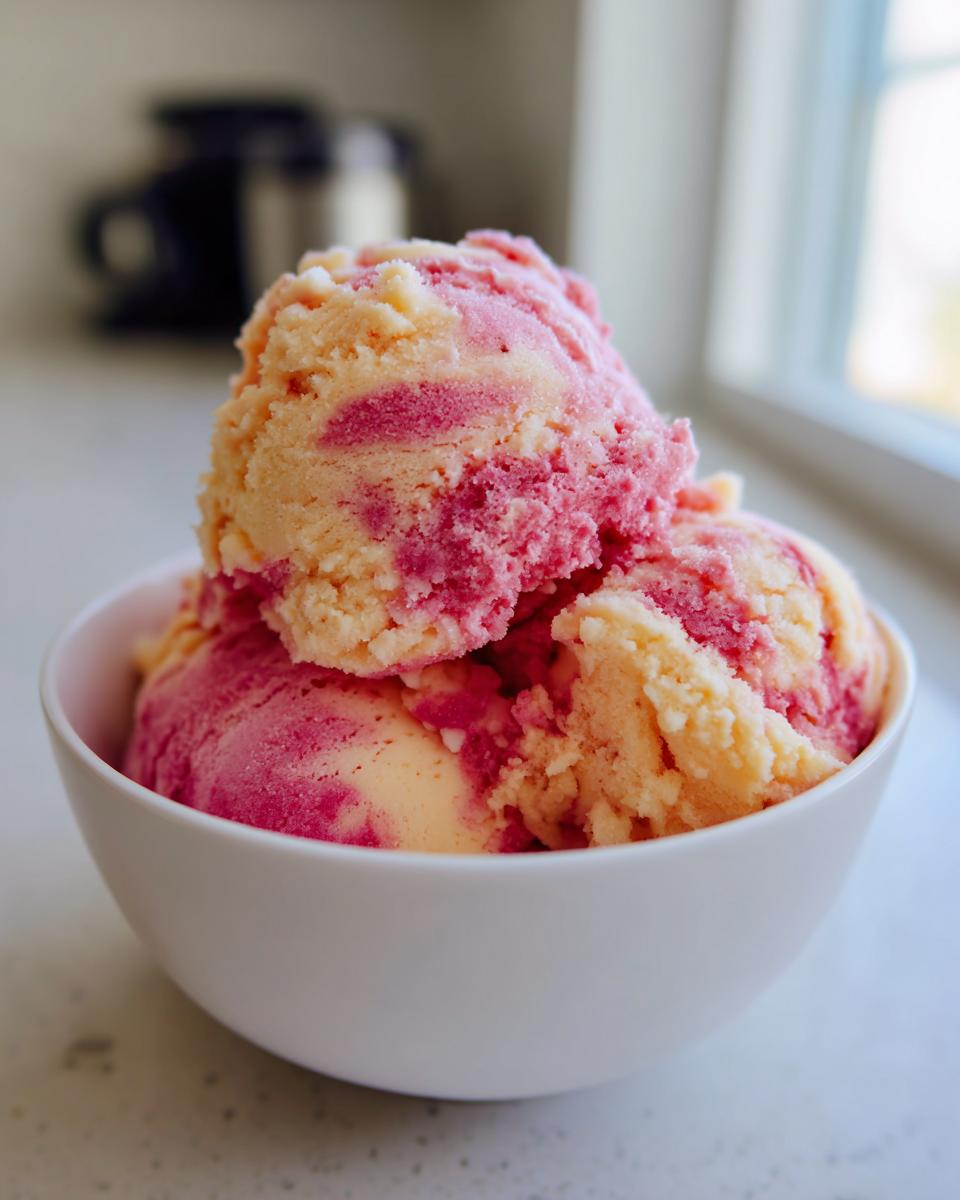 Three scoops of swirled pink and yellow summer sherbet piled high in a small white bowl.