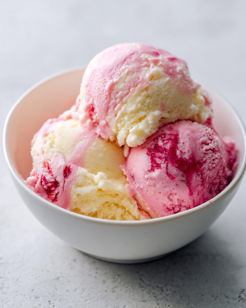 Three scoops of swirled pink and yellow summer sherbet melting slightly in a white bowl.