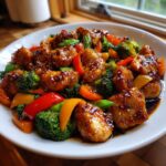 A plate of vibrant teriyaki chicken stir fry featuring glazed chicken pieces mixed with broccoli, red, and yellow bell peppers.