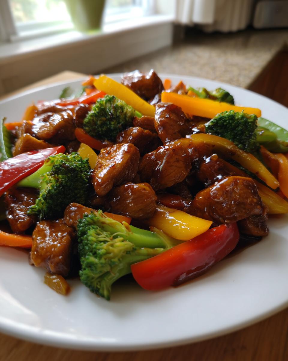 Close-up of chunks of chicken coated in rich teriyaki sauce mixed with bright broccoli, red, and yellow bell peppers.