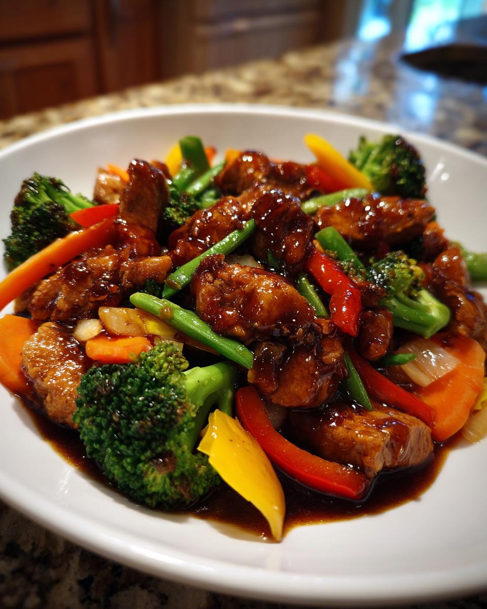 A close-up of vibrant teriyaki chicken stir fry featuring glossy chicken pieces, bright broccoli, carrots, and bell peppers in a rich sauce.