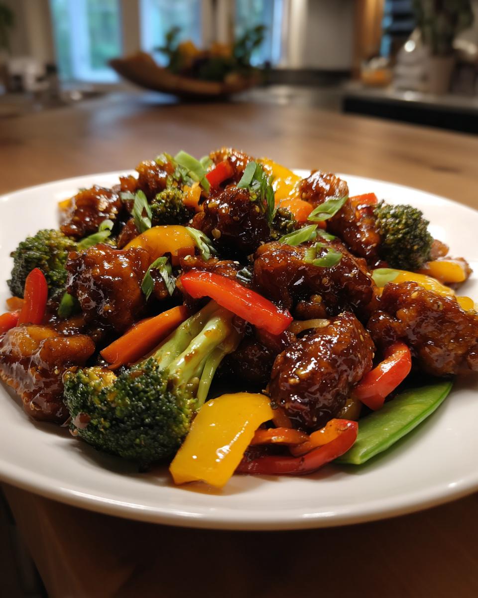 Close-up of glossy, saucy teriyaki chicken stir fry mixed with bright broccoli, red and yellow peppers, and snow peas.