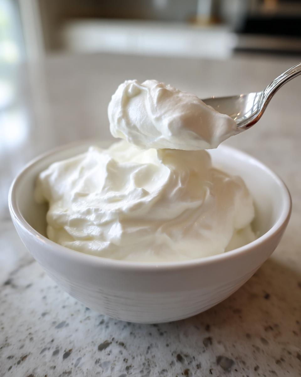 A spoonful of thick, creamy homemade yogurt being lifted from a white bowl.