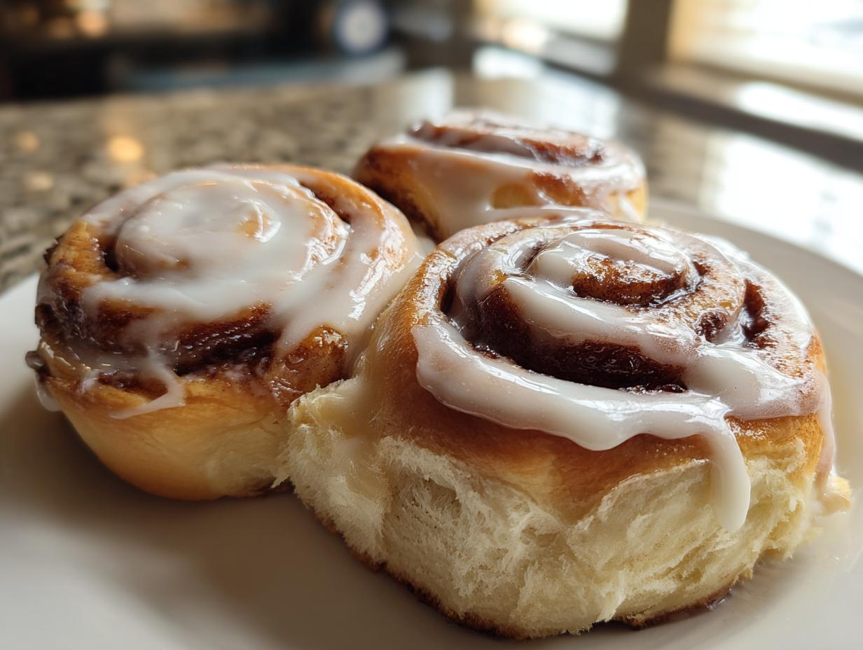 Three freshly baked, fluffy cinnamon rolls drizzled generously with white icing, ready to enjoy from our cinnamon rolls recipe.