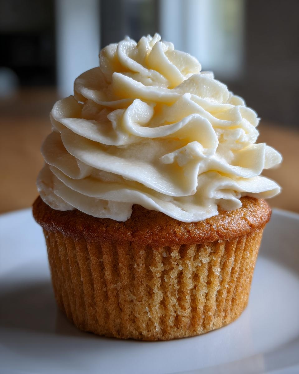 A close-up of a single, perfectly baked vanilla cupcake from scratch topped with a tall swirl of white vanilla buttercream frosting.