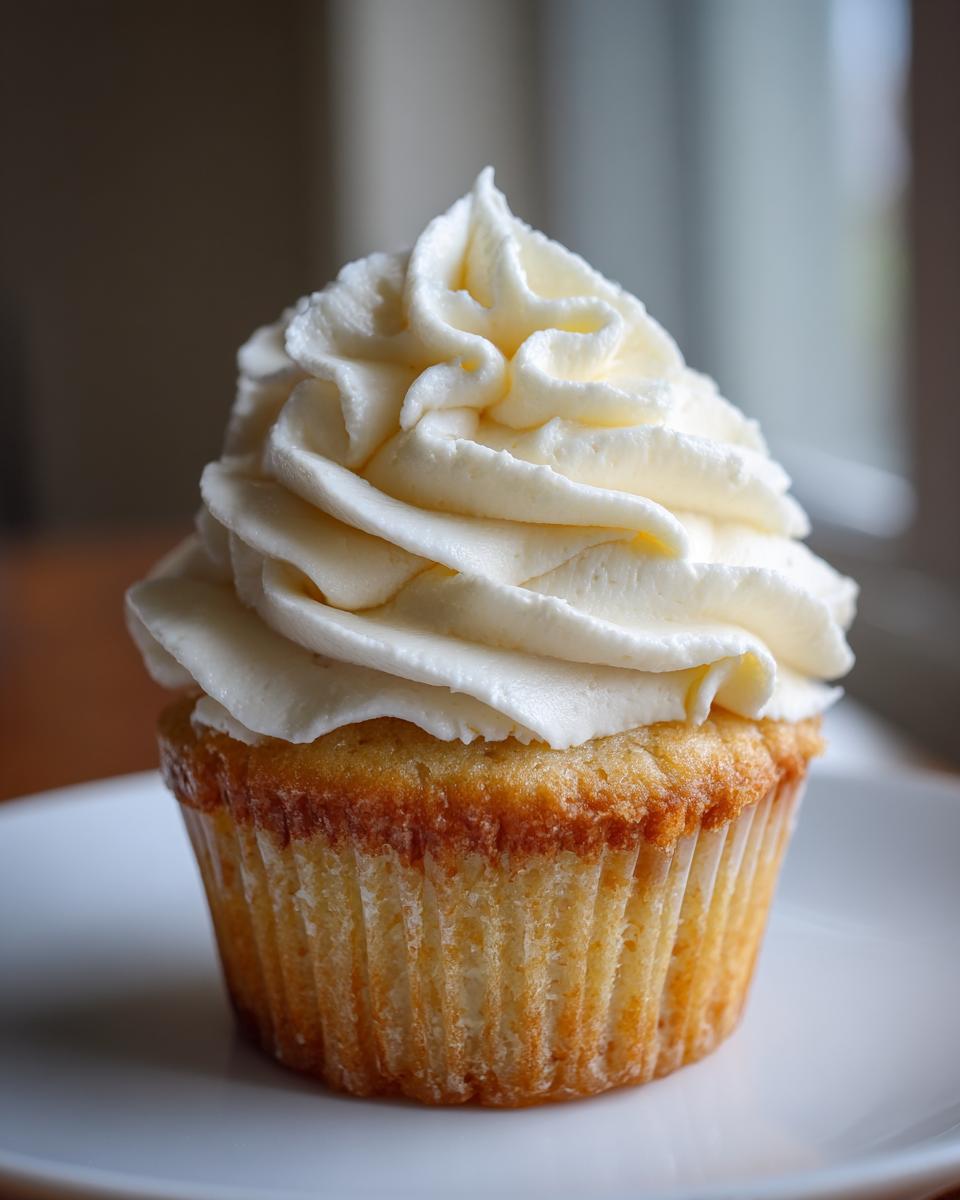 Close-up of a single, perfectly baked vanilla cupcake from scratch topped with a swirl of white buttercream frosting.