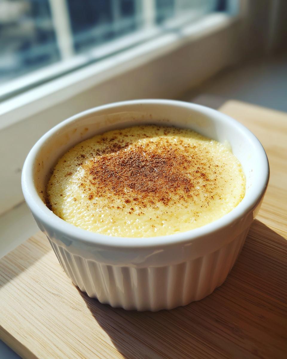 A single serving of baked vanilla custard cups, topped with cinnamon, sitting in a white ramekin.