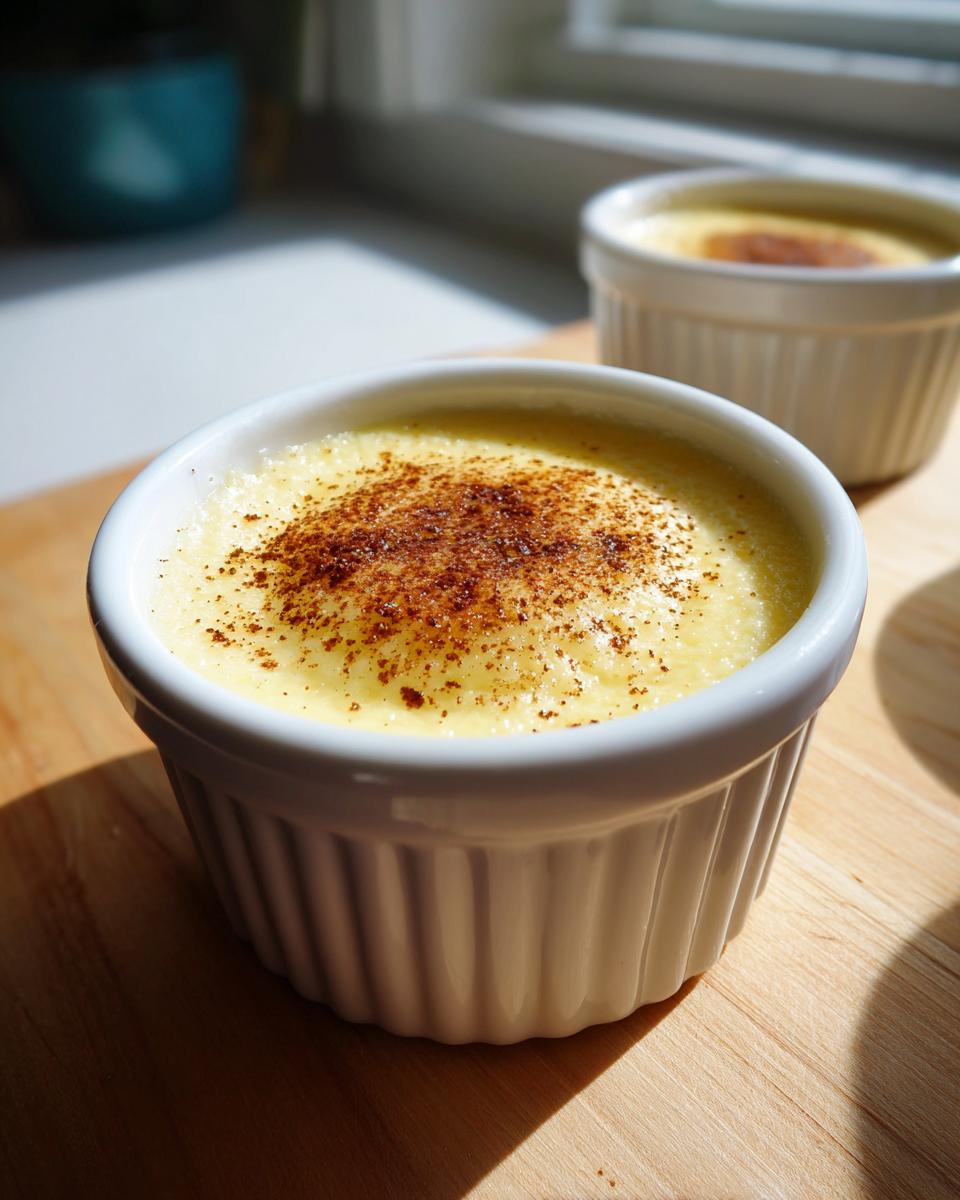 Close-up of creamy vanilla custard cups in white ramekins, topped with a dusting of cinnamon or nutmeg.