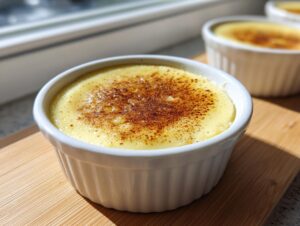 A close-up of a freshly made vanilla custard cup topped with sprinkled cinnamon or caramelized sugar.