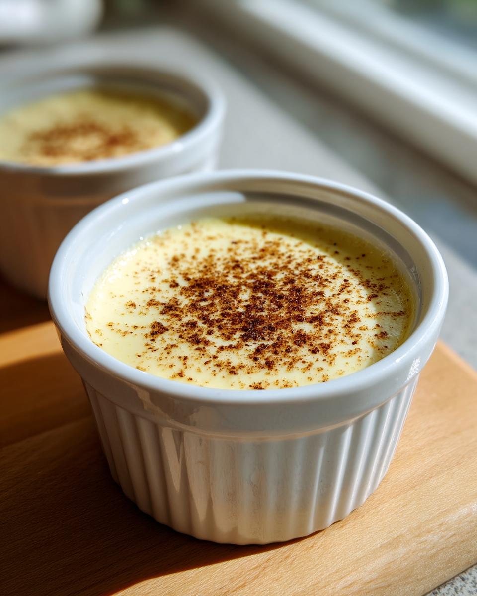 Close-up of a single white ramekin filled with creamy vanilla custard cups, dusted with cinnamon or nutmeg.