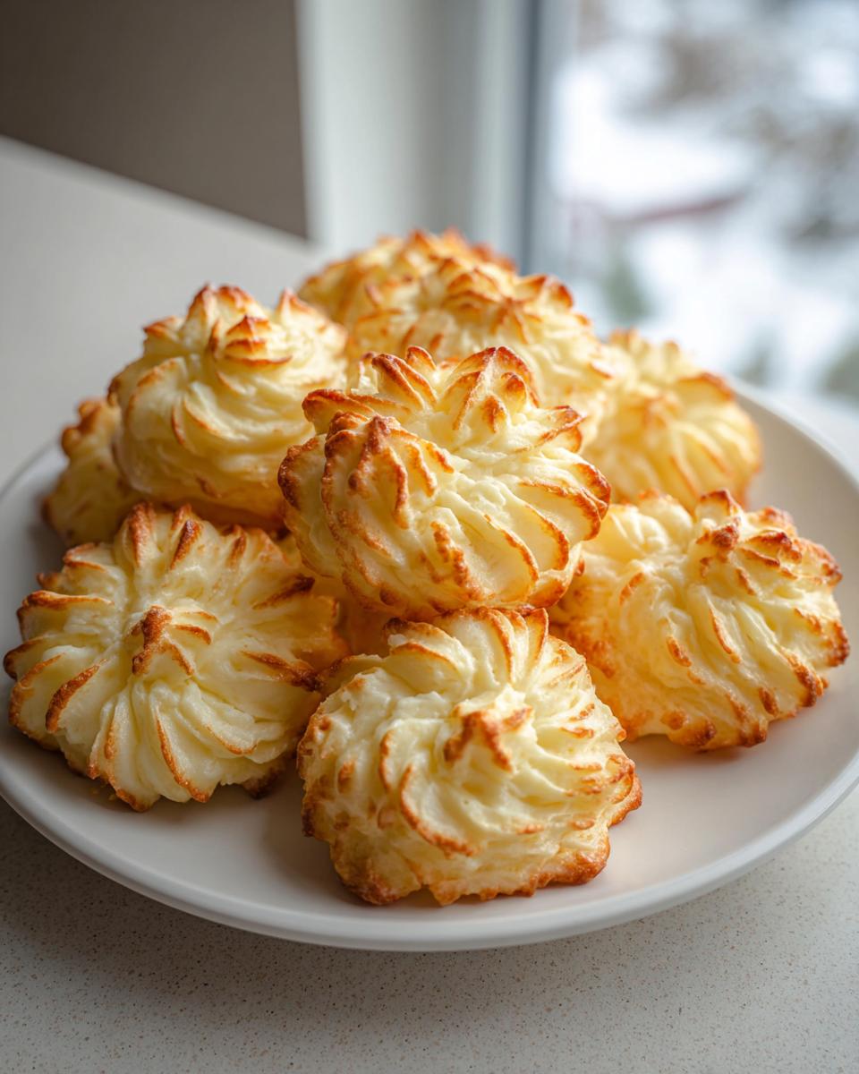 A pile of perfectly piped and baked vegan duchess potatoes with golden brown edges on a white plate.