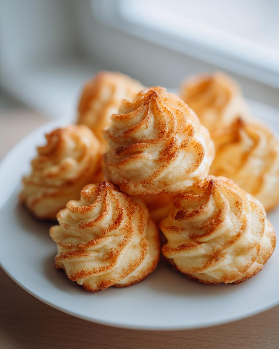 Close-up of perfectly piped and baked vegan duchess potatoes, lightly browned and dusted with paprika.
